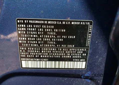 2019 Volkswagen Tiguan 2.0T Se/2.0T Sel/2.0T Sel R-Line/2.0T Sel R-Line Black from USA, damaged, VIN 3VV2B7AX7KM112481